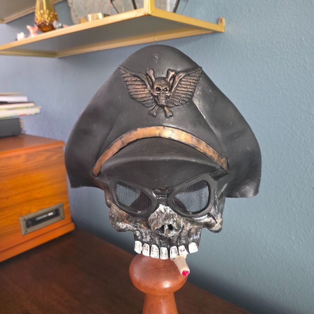 Vtg Seasons Inc Latex Skull Skeleton Biker Military Hat Halloween Mask Smoke EUC